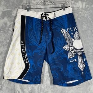 Affliction Mens Live Fast Board Shorts Blue White Skull Cross Graphic Size 34